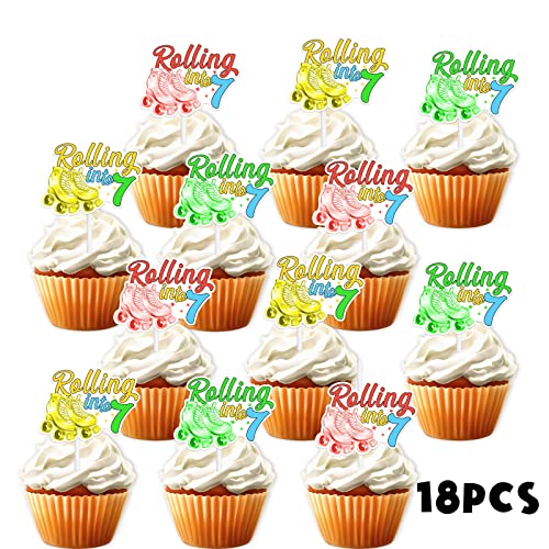 18Pcs Multicoloured Glitter Roller Skates Dessert Cupcake Topper 80S 90S Retro Hip Hop Roller Skating Rolling Into 7 Theme Decor Supplies Boy Girl 7Th Happy Birthday Party Decorations #TOP2