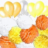 - Regalo: 9 globos de baldosas, a juego con el juego de colores de los pompones de regalo. O sea 3 globos blancos, 3 globos azules amarillos y 3 globos naranjas a juego con tus pompones no solo estarán en consonancia con tu tema de colores de ambiente de fiestas, sino que añadirán un toque decorativo gratuito e indispensable a tus eventos.