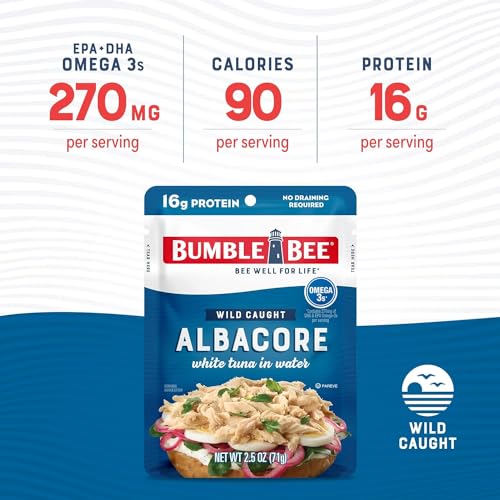 Image of Bumble Bee Solid White Albacore Tuna in Water, 2.5 oz Pouch - Wild Caught Tuna - 16g Protein per Serving, High in Omega-3s - Non-GMO, Gluten Free, Kosher - No Draining Required (Pack of 6)