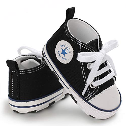 Baby Boys Girls Star High Top Sneaker Soft Anti-Slip Sole Newborn Infant First Walkers Canvas Denim Shoes (11Cm, A-Black, 0_Months) #TOP3