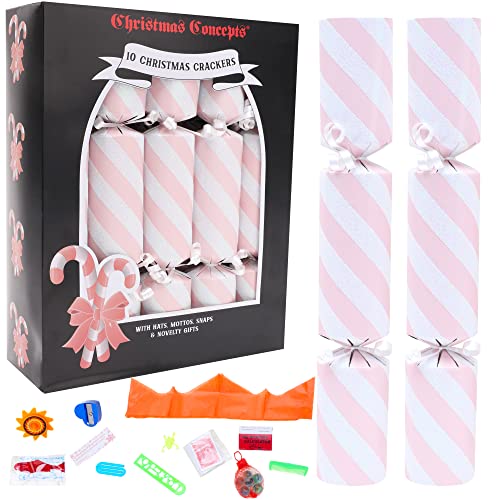 Christmas Concepts® 10 Cracker Natalizi Deluxe Stile Bastoncino di Zucchero con Glitter – Cappelli, Motti, Bottoni a Pressione e Novità Regalo Inclusi – 3 Colori Disponibili – Rosa Confetto