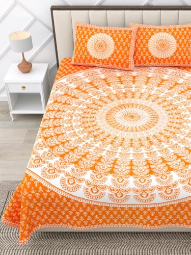 Image of RajasthaniKart Pure 100% Cotton Double Bed Sheet with 2 Pillow Covers (Bedsheet for Double Bed Cotton, Jaipuri, King Size Orange Mandala)