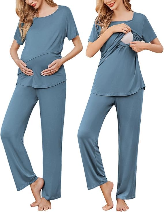 ELESOL Women's Nursing Pajamas Maternity Pajama Postpartum PJS Breastfeeding Short Sleeve Top & Pants Sets with Pockets
