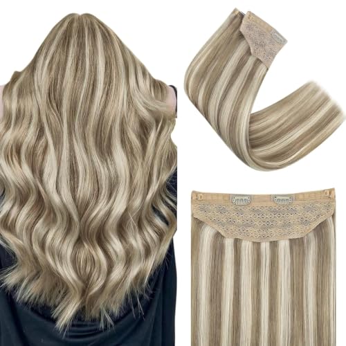 Image of Easyouth Wire Hair Extensions Highlight Invisible Wire Hair Extensions Real Human Hair Highlight Light Brown and Blonde Fish Line Hair Extension Human Hair Long Straight Hair 20 Inch 100g