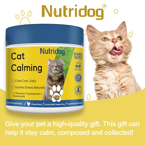 Nutridog Cat Calming Treats with L-Theanine, Anxiety Relief Chews for Stress & Aggression - Fast Acting Chicken Flavor, 150 Count Crunchy Soft Bites