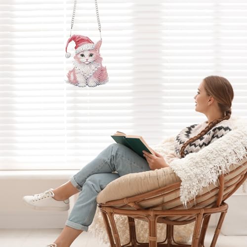 Image of DIY 5D Diamond Painting Hanging Ornament Christmas Cat Design, Crystal Rhinestone Diamond Art Pendant, Handmade Suncatcher for Home, Wall, Window, and Holiday Gift