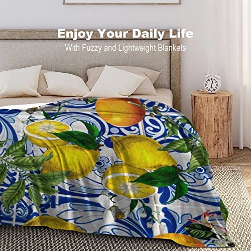 Mediterranean Lemon On Blue Ceramic Tiles Flannel Fleece Throw Blankets 50"X40" Lightweight Fluffy Winter Fall Blanket Cozy Soft Fuzzy Plush Home Decor For Couch Bed Sofa Bedroom Living Room Travel #TOP4