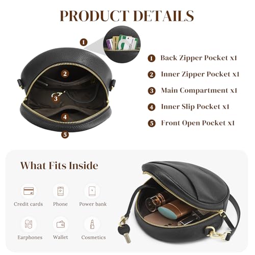 S-ZONE Leather Crossbody Bags for Women Vintage Circle Shoulder Purse Trendy Round Handbag with Adjustable Strap4