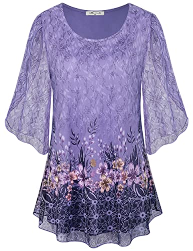 Sese Code Chiffon Blouses For Women Fashion 2022 Spring Tops Formal Elegant Casual 3/4 Shirts For Women Crew Neck Lightweight Pullover With Elasticity Purple Floral M #TOP1