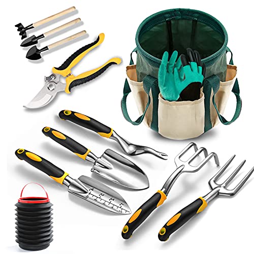MOYOTEC Garden Tool Set with Bag Heavy Duty Gardening Hand Tools Kit with Ergonomic Handle 12 Piece Garden Storage Organizer Kit Included Garden Gloves Bucket Gardening Gifts for Women Men Gardener