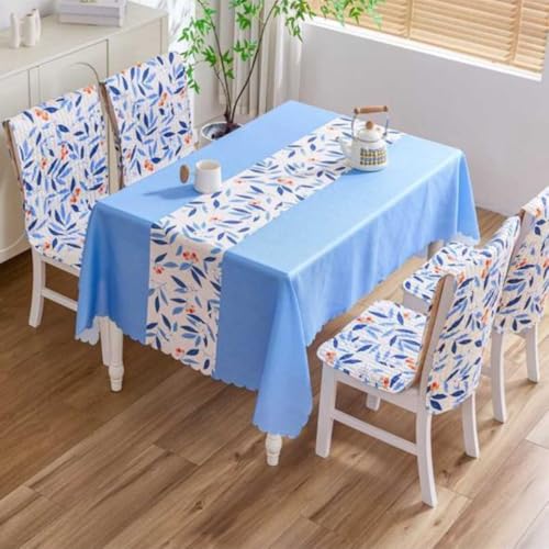 Image of HOMETHREADS Premium Cotton Chair Cover Set | Soft & Comfortable Seat Covers with Anti-Skid Non-Slip Backing + Waterproof Dining Table Cover (140x220 cm) (White Blue, 6 Chair Covers + 1 Table Cover)