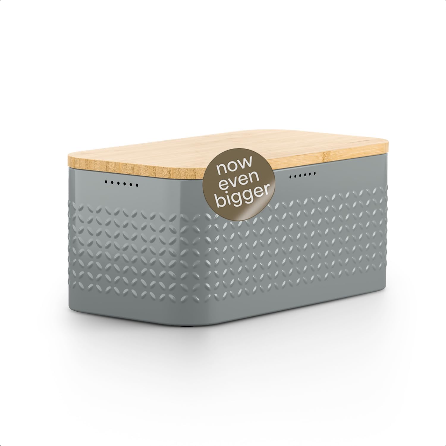 LARS NYSØM Bread Box I Metal bread box for long lasting freshness with non-slip pads I Baked goods Bin with bamboo lid usable as cutting board I 34.5x18.5x15.8cm (Ash Gray)