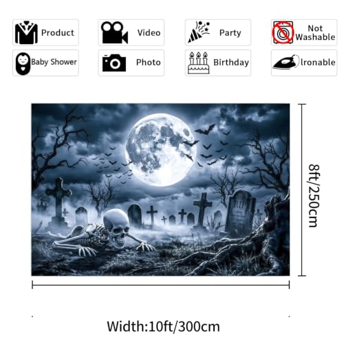 Halloween Photo Backdrop 10x8ft Scary Skeleton Tombstone Cemetery Night Full Moon Halloween Party Backdrop Photography Halloween Birthday Party Trick or Treat Backdrop Decorations Banner Props by Caaerttply - Used condition - Image 4
