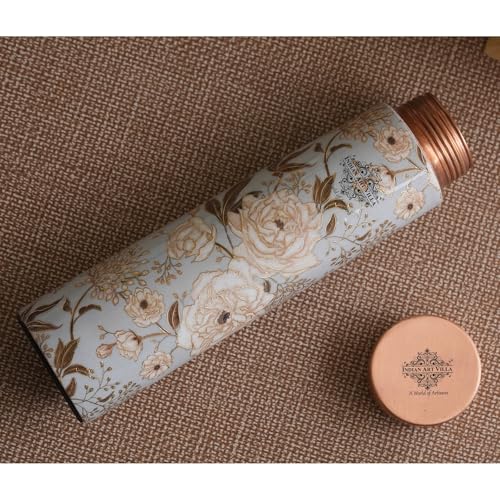 Image of INDIAN ART VILLA Copper Gold Print Copper Bottle, Copper Drinkware, 800 ML, Gold Printed White