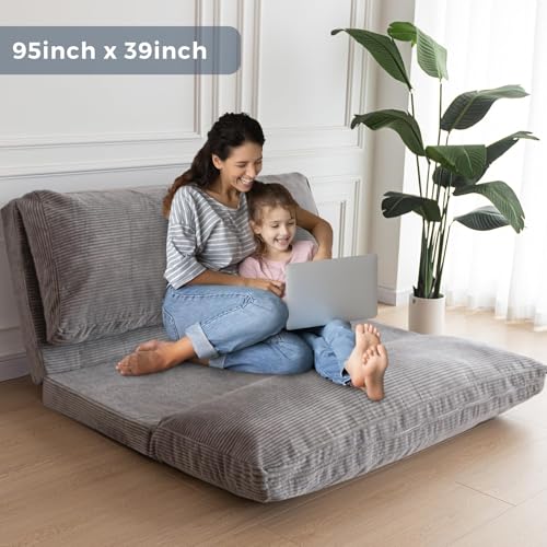 Image of MAXYOYO Folding Sofa Bed, Extra Thick and Long Floor Sofa Convertible Chair with Washable Cover, Floor Couch Lounge Bean Bag Bed for Living Room, Grey, 39x91 Inch