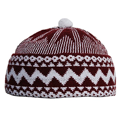 Maroon Zigzag Design Muslim Beanie Kufi Hat Crown with White Ball - Stretchable OneSize Hat