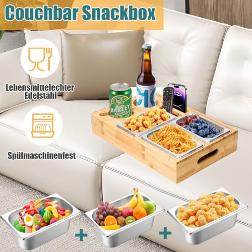 Puosike Couchbar Snackbox, Couch Bar Organizer Tablett, Holz Sofatablett mit Getränkehalter, Snackspender mit 3X Snackschalen, 2X Tasse- Geschenke für Männer Frauen
