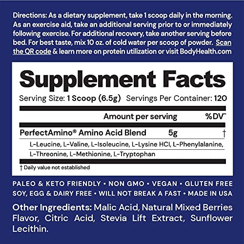 Bodyhealth Perfectamino Xp Mixed Berry (120 Servings) Best Pre/Post Workout Recovery Drink, 8 Essential Amino Acids Energy Supplement With 50% Bcaas, 100% Organic, 99% Utilization #TOP2