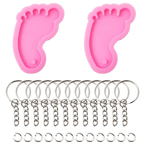 2 peças de moldes fofos de silicone em formato de pé divertidos 3D, chaveiros, moldes de pingente de resina com 12 peças de anéis para chaveiros DIY Kechain, mochila, bolsa, decoração, bagagem