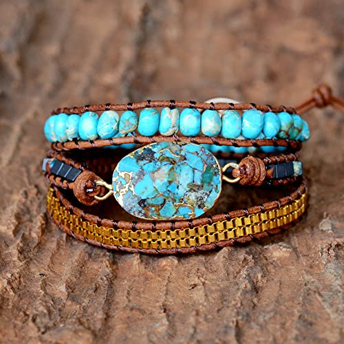 Zengori Handmade Wrap Bracelet Turquoise, Jasper & Amazonite Natural Stones Leather Charm 3 Strands Boho Bracelet Hd0269 #TOP1