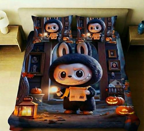 Image of Home Sizzler 7D Soft Microfibre Halloween Double Bedsheet with 2 Pillow Covers - Spooky Cute Cartoon Monster with Pumpkins and Lantern