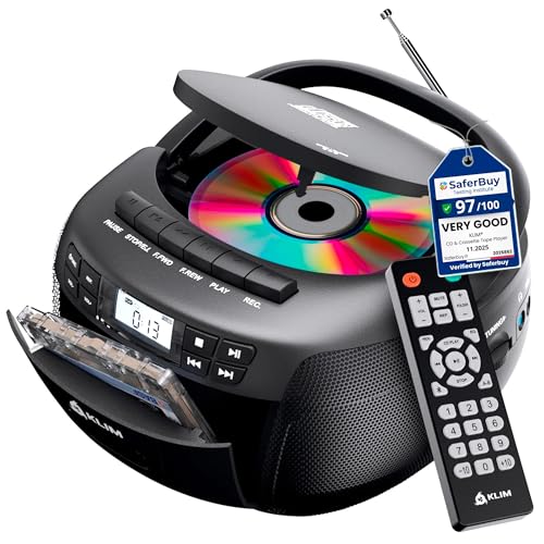 Image of KLIM CD + Cassette Tape Player, Bluetooth CD Boombox, AM /FM Radio, Stereo Sound, Remote, CD and Cassette Player Combo, Tape Recording, USB Drive, AUX