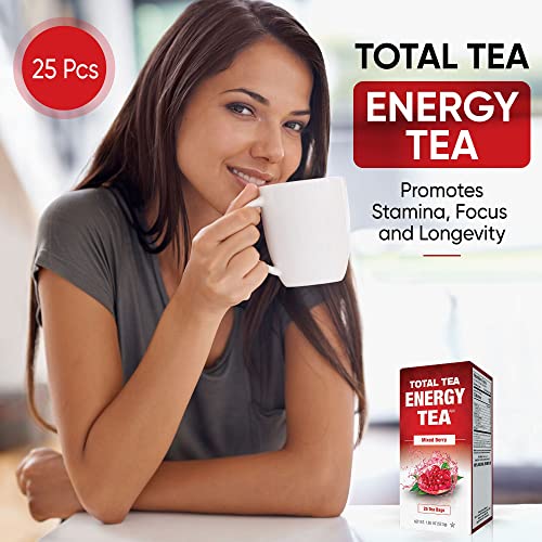 Totaltea Energy Tea With Caffeine - 100% Natural Mixed Berry Flavored Green Tea With Antioxidant Rich Guayusa, Ginseng Root And Cinnamon Bark Promotes Focus, Concentration And Stamina (25 Tea Bags) #TOP3