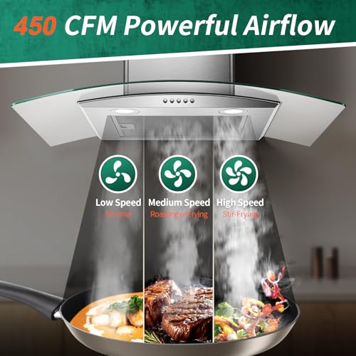 Image of Range Hood 30 Inch, Tieasy Wall Mount Kitchen Hood with Ducted /Ductless Convertible Duct, Stainless Steel Chimney and Aluminum Filters, LED Lights, 3 Speed Fan, Push Button