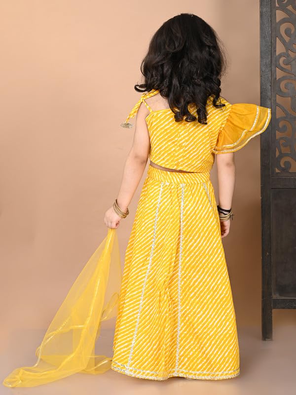 Image of superminis Girl's Cotton One Shoulder Lehariya Printed Readymade Lehenga Choli And Net Dupatta Set