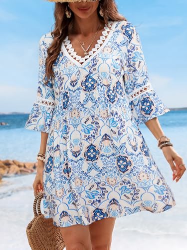 Image of CUPSHE Women V Neck Lace Trim Mini Summer Dress Cover Up 3 /4 Sleeve Ruffled Cuff Casual Sundress Beach Dresses Cover Ups