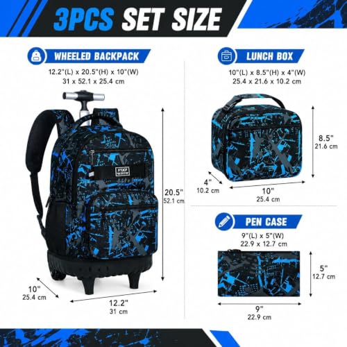 Image of 3Pcs Rolling Backpack for Boys Men, Travel Roller Backpacks with Wheels for Adults, Teens College Graffiti Wheeled Bookbag with Lunch Box(Blue)
