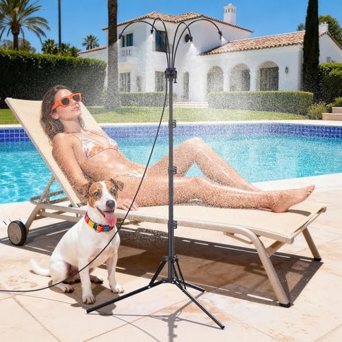 Stehend Sprühnebel Kühlung Bewässerungssystem Einstellbare Höhe Tragbarer wassernebel mit 8m Schlauch Dreieckiger wassernebel kühlung für Terrasse draußen Pool Grill Garten & Sonnenstudio
