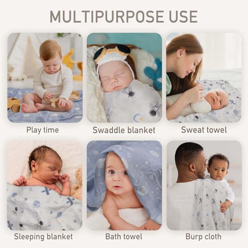 Image of GLLQUEN BABY Receiving Blanket Boy Cotton Muslin Swaddle Blankets Girl Newborn Squares Breathable & Soft Thin Baby Blankets Cloths Double Absorbent Infant Swaddling Wrap - 6 Pack (Blue Astronaut)