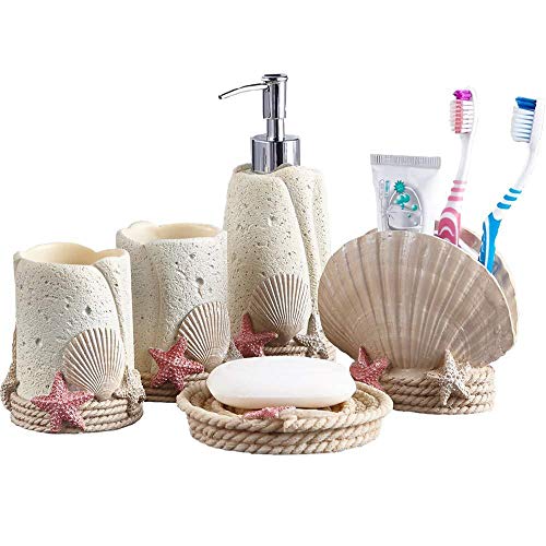 ZCXBHD Nordic Creative Ocean Serie Keramik-Bad-Set Haushaltsgegenstände Bad-Set Harz-Bad Fünfteilig Lotionsflasche Zahnbürstenhalter Mundspülbecher Seifenschale