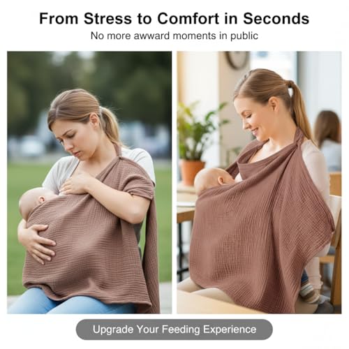 Image of Nursing Cover for Baby Breastfeeding - Breathable 100% Cotton Nursing Apron with Rigid Hoop, Privacy Cover, Lightweight Car Seat Canopy & Multi-Use Baby Essentials -Multi Color (Mocha /Cocoa)