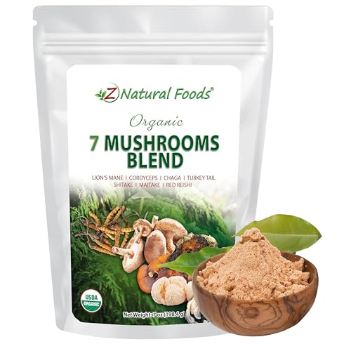 Z Natural Foods Organic 7 Sacred Mushrooms Blend - Mushroom Powder for Immune Health - Lion’s Mane, Cordyceps, Chaga, Red Reishi, Shiitake, Maitake & Turkey Tail Extract for Coffee, Smoothies, 7 oz