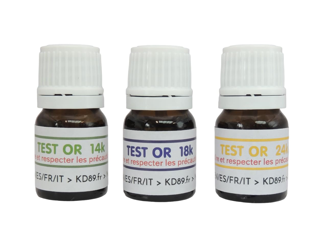 KD89 Surtido de reactivos de prueba de oro de 14-18-24 quilates con piedra de toque natural e instrucciones en varios idiomas, experiencia para joyas, monedas, lingotes - 2,5 ml