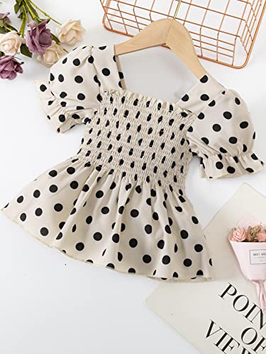 Wdirara Girl's Polka Dots Square Neck Puff Short Sleeve Shirred Blouse Top Apricot 130 #TOP1