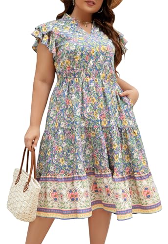 Image of Keluummi Plus Size Midi Dress for Curvy Women Wedding Guest Summer Floral Empire Waist Short Sleeve with Pockets