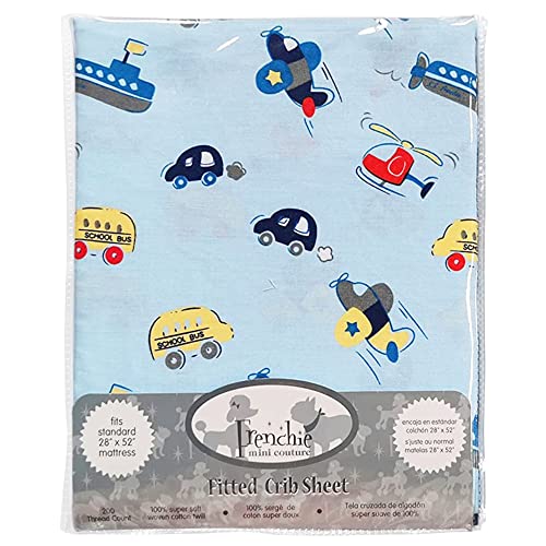 Frenchie Mini Couture, Fitted Crib Sheet Single, 100% Woven Cotton, Toddler Fitted Sheet, Fits Standard Size Baby Mattress 28 X 52 X 8In, Cars, Boats, & Planes (Light Blue) #TOP23