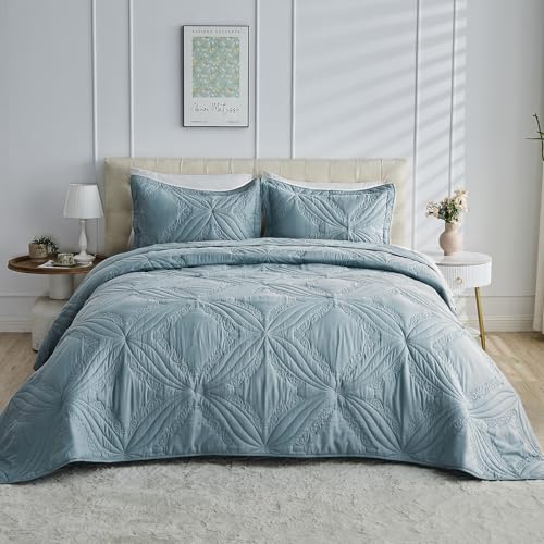 Image of Kingnex Oversized King Bedspreads 128x120 for Tall King or Cal King Bed Ultrasonic Quilted Coverlet Set 3 Piece Include 1 Extra Wide Quilt 2 Pillowcases Blue