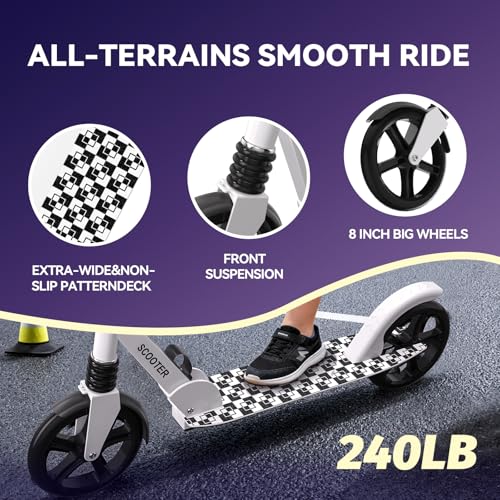 Image of Nattork Kick Scooter for Age 6+ Kids Teens Adults, Max Load 240 LBS, Adjustable Height Foldable with 8 inch Large Wheels, Anti-Shock Suspension