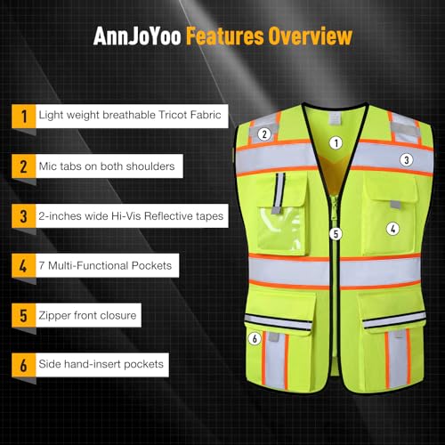 Image of Class 2 Safety Vest with Zipper Front and multiple Pockets, High Visibility Vest, Meets ANSI /ISEA Standards