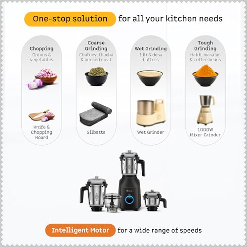 Image of Atomberg Tavi Mixer Grinder |110 V only for US & Canada | Unique Coarse Mode for Silbatta-Like Texture | Intelligent 600W Motor | 4 Jars Including Chopper Jar | Matte Black