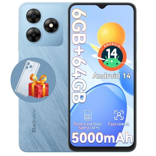 Blackview Phone, Wave 8C Mobile Phones Android 14, 5000mAh Smart Phone, 6GB+64GB/SD 2TB Expand, 8MP+13MP, 6.56" HD, 4G Dual SIM Free Unlocked, Face Unlocked, GPS, UK Version + 2 Years Warranty, Blue