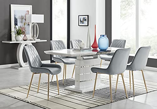 Image of Furniturebox UK Renato 120cm High Gloss Extending Dining Table and 4/6 Pesaro Gold Leg Chairs Set (6 Chairs, Dining Table + Grey Pesaro Gold Leg Chairs)