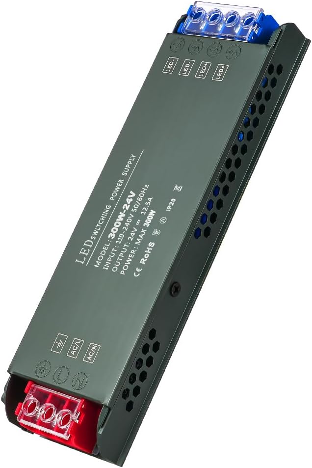 URAQT 24V LED Driver 300W, 220V to 24V Power Transformer, AC to DC, 12.5A, Constant Voltage, Low Voltage, LED Strip Lights Garden Light