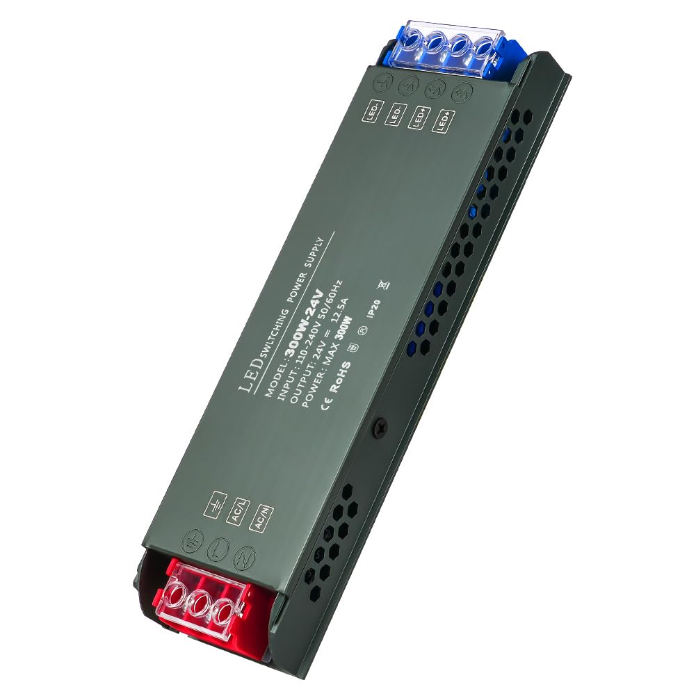 URAQT 24V LED Driver 300W, 220V to 24V Power Transformer, AC to DC, 12.5A, Constant Voltage, Low Voltage, LED Strip Lights Garden Light