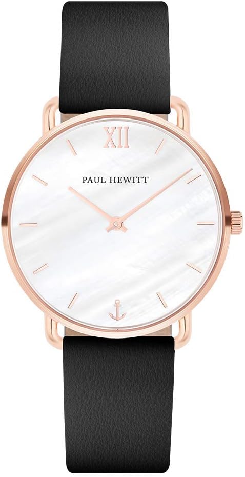 PAUL HEWITT Miss Ocean Line Pearl - Stainless Steel Watch for Women in Rosegold with Black Leather Strap, Pearl Dial