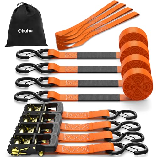 Ohuhu Spanngurte mit Ratsche 4 Stück für Schwerlast 4 cm x 4 6 m bis 1500 Kg reißfest Ratschengurte zur Ladungssicherung mit 4 Doppelschlaufen Zurrgurte & Tragetasche für Motorrad ATV orange